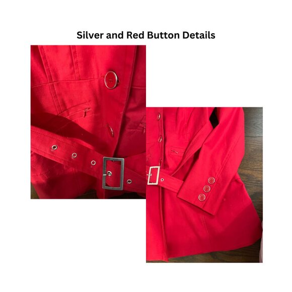 Large Suzi Shier Red With Silver Detail Buttons and Belt Trench Coat - Picture 5 of 8